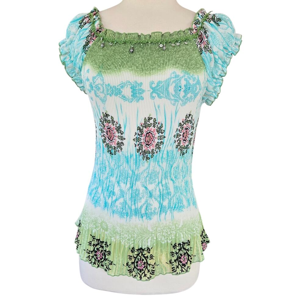 Vintage Micro pleated Puff Sleeve Embellished Fairy Top Size Large